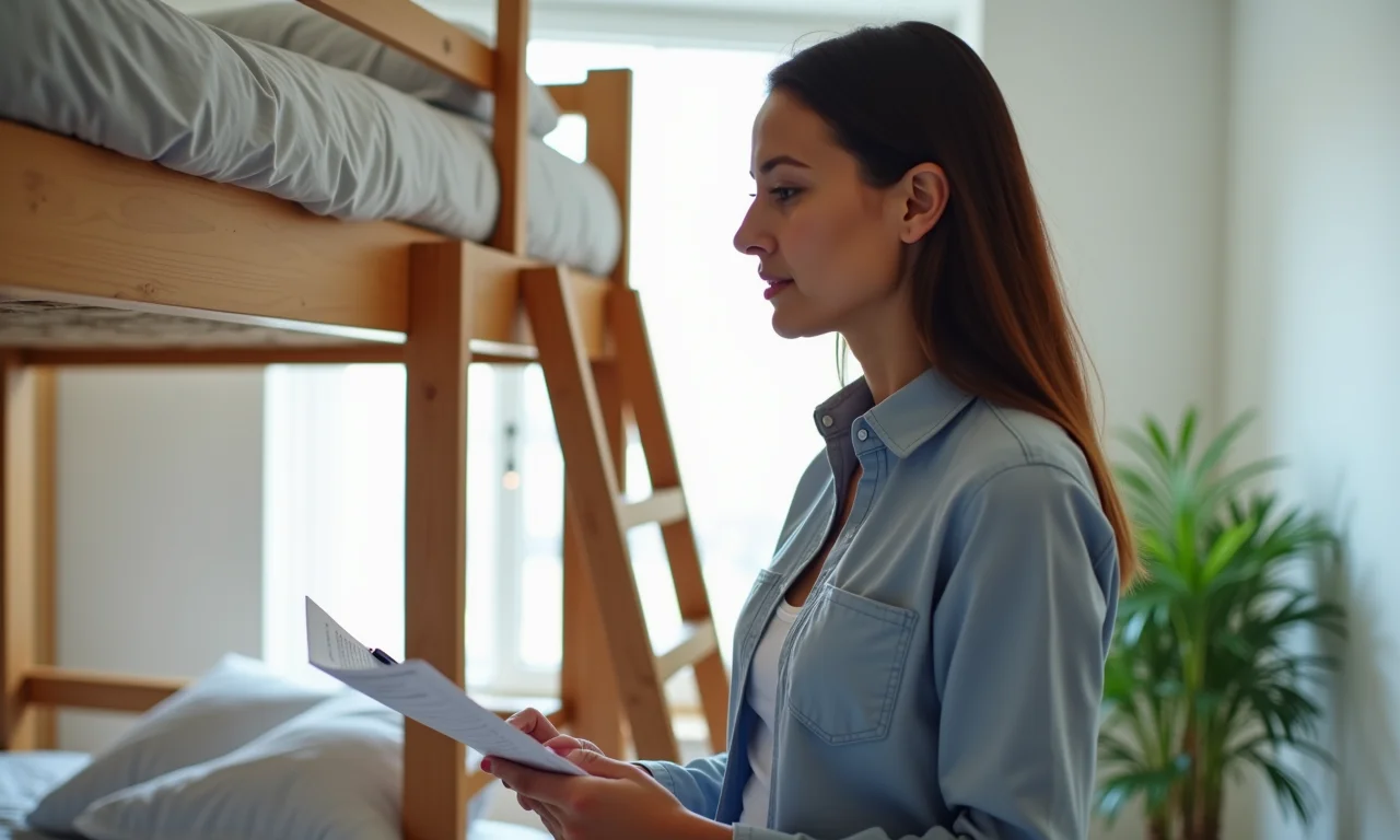 Especialista inspecionando um beliche e tomando notas.