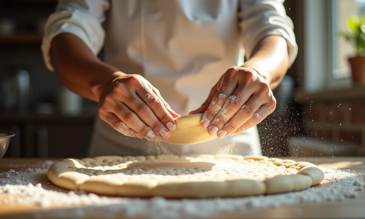 Especialista moldando massa de pão pita em cozinha iluminada.
