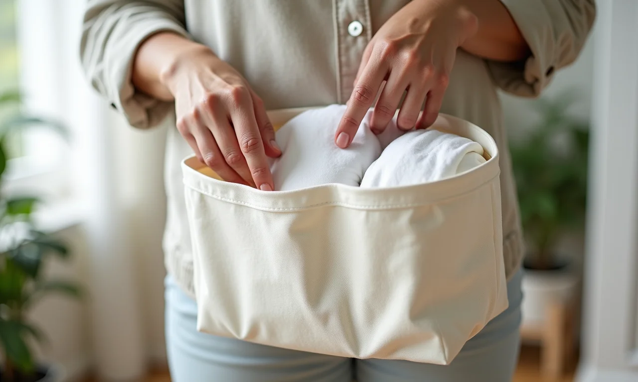 Especialista organizando porta fraldas de tecido com dicas.