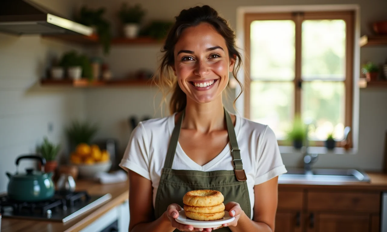 Especialista sorrindo com pudim perfeito na cozinha.