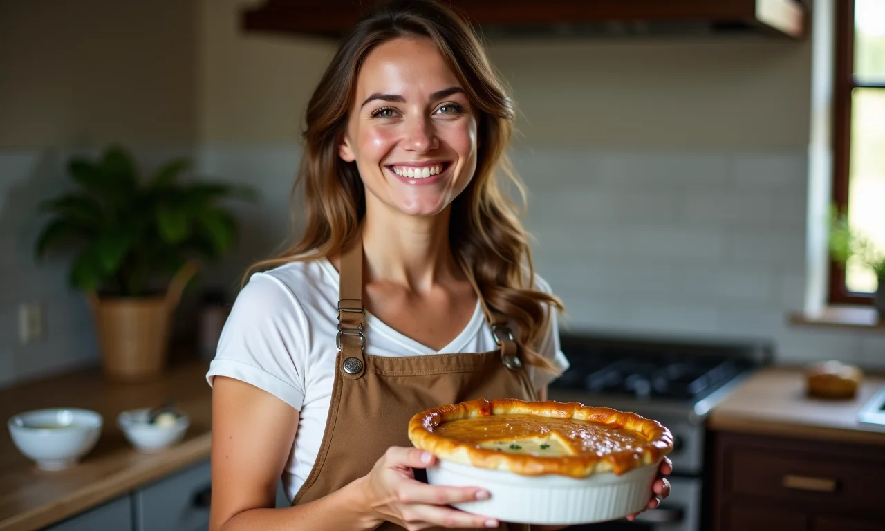 Especialista sorrindo com uma torta de frango pronta.