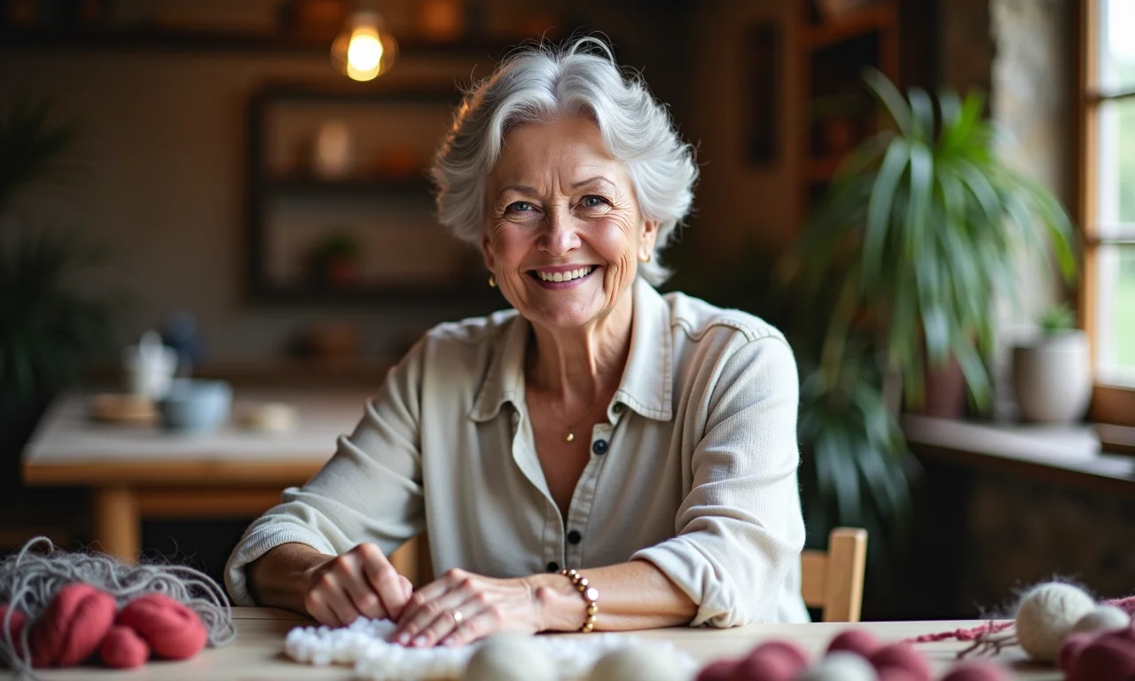 Especialista sorrindo ensinando arte em fibra.