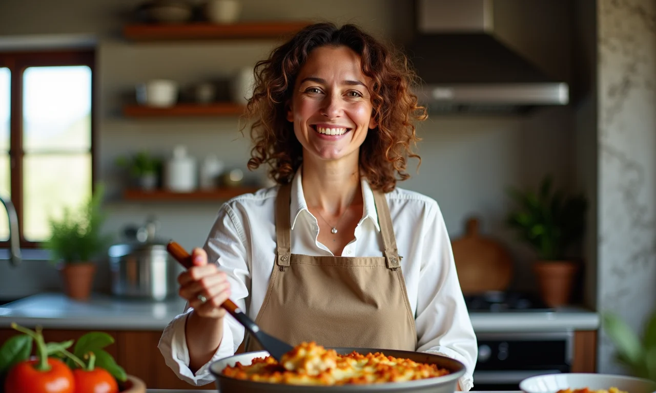 Especialista sorrindo segurando moussaka recém-assada.