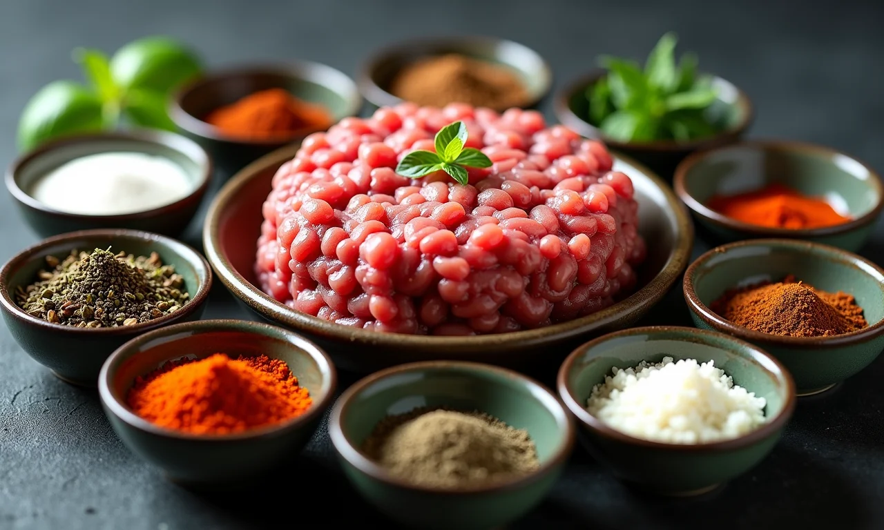 Especiarias e ervas para temperar torta de carne.