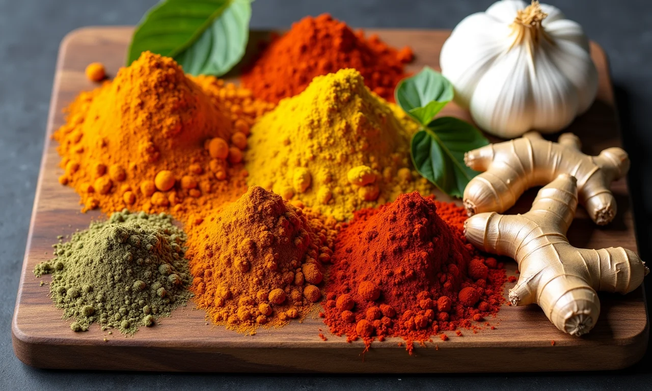 Especiarias essenciais para um butter chicken autêntico dispostas em uma tábua de madeira.