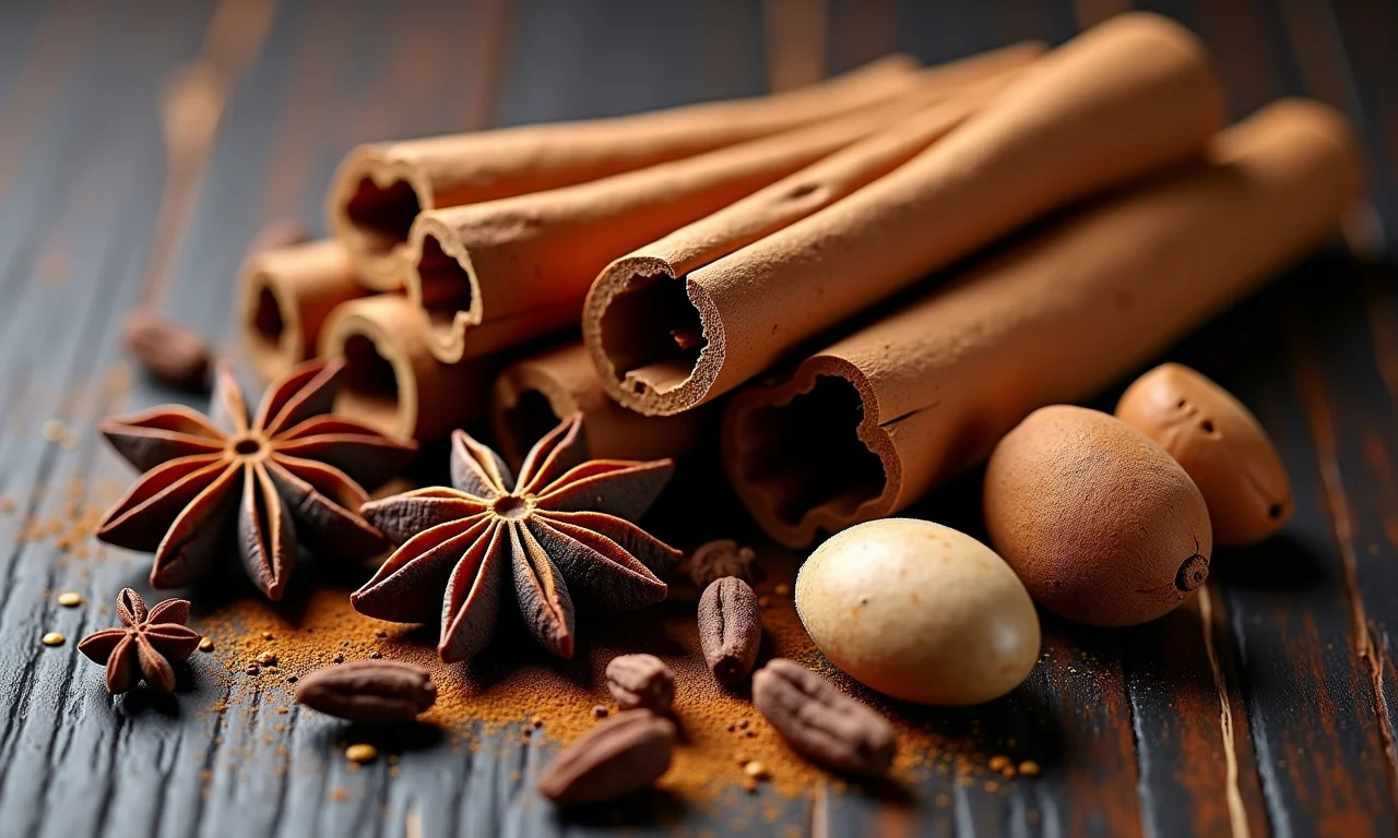 Especiarias para arroz doce: canela, cravo, anis estrelado, noz-moscada.