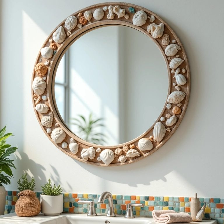 Espelho decorado com conchas e mosaicos coloridos em um banheiro.