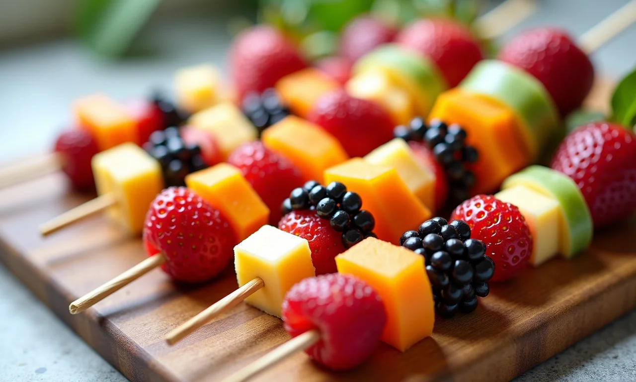 Espetinhos coloridos de frutas e queijo para um lanche saudável e divertido.