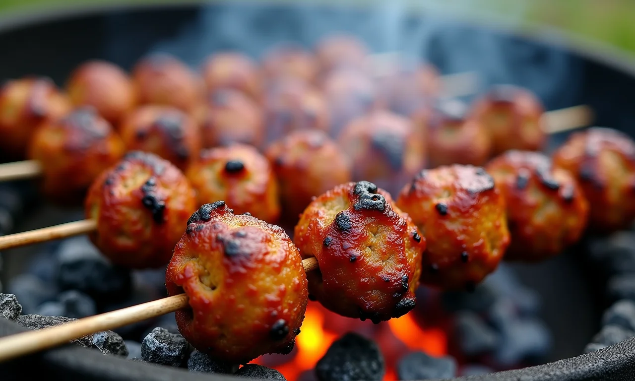 Espetos de kofta de carne moída sendo grelhados, com especiarias vibrantes e iluminação natural.