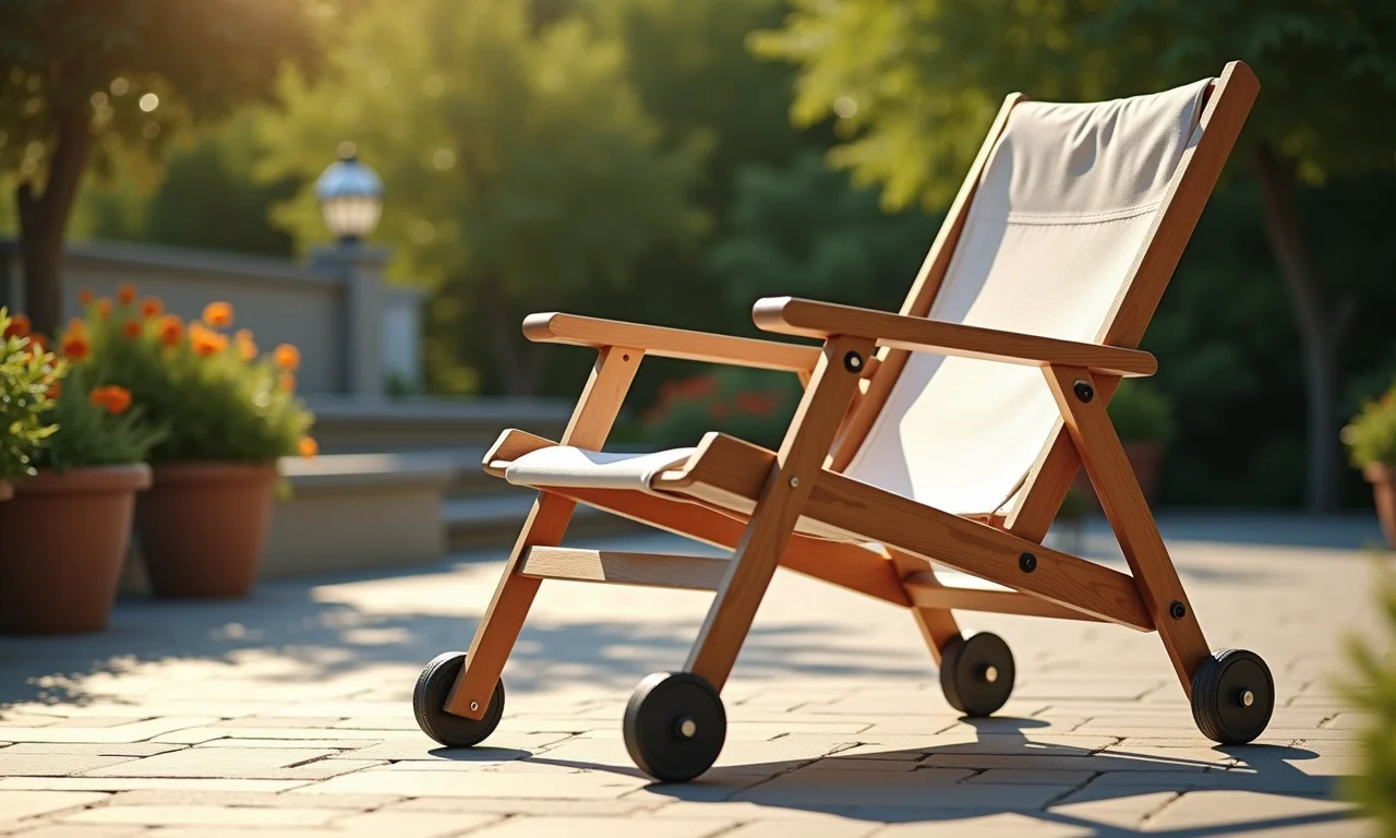 Espreguiçadeira com rodinhas em pátio ensolarado, mobilidade e praticidade.