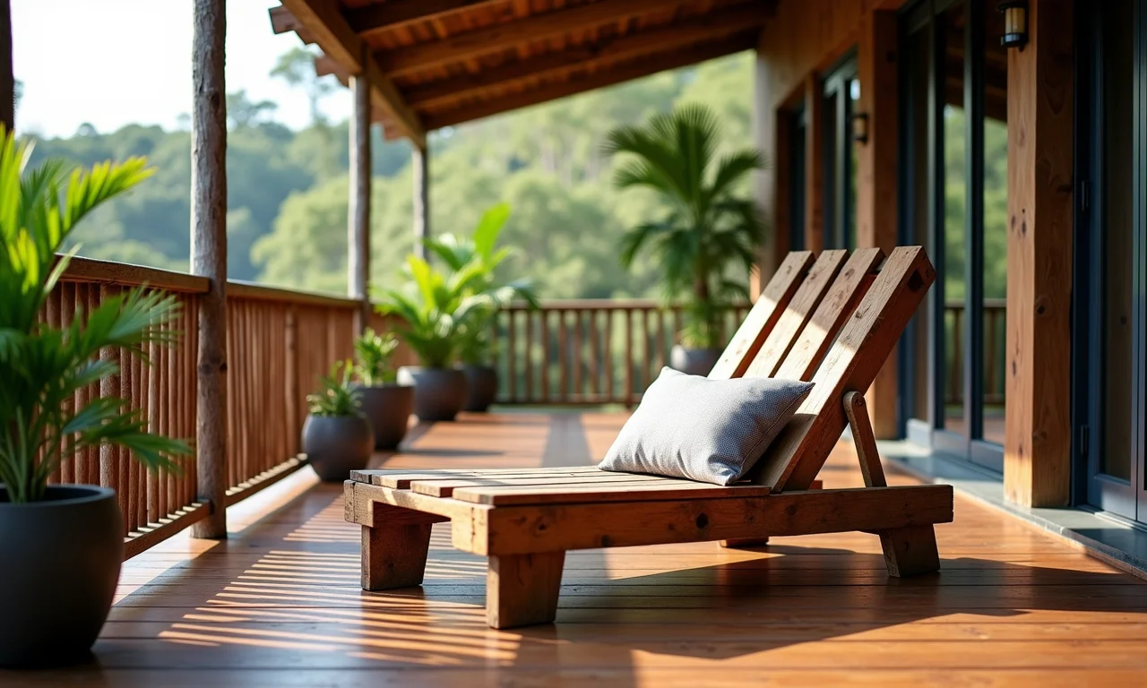 Espreguiçadeira de pallet em varanda brasileira, sustentável e estilosa.