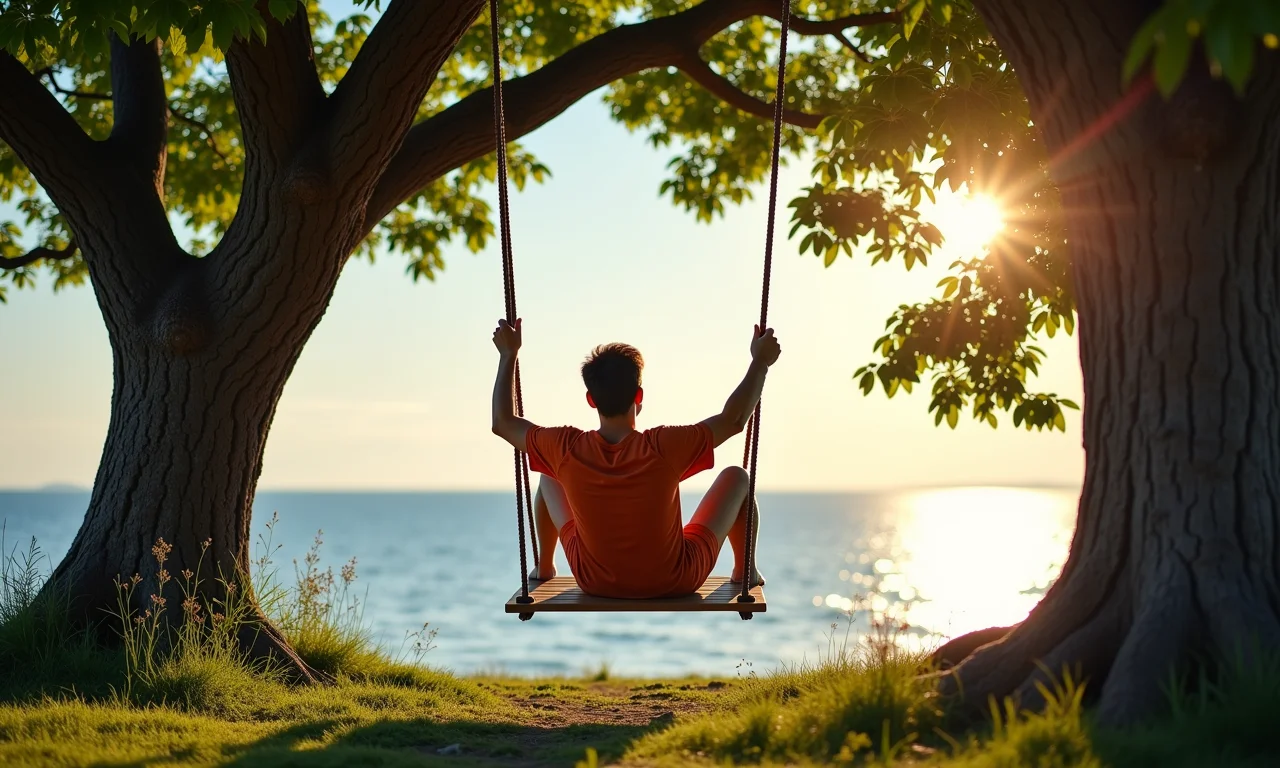 Espreguiçadeira suspensa pendurada em árvore, relaxamento na natureza.