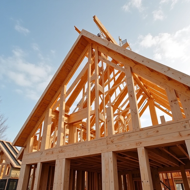 Estrutura de tesoura de madeira Howe em construção.