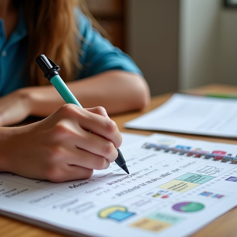 Estudante marcando progresso no calendário de estudos.