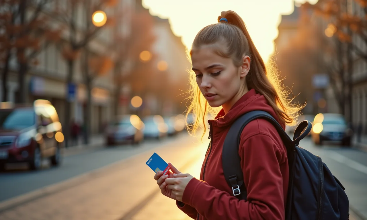 Estudante preocupado procurando o cartão de ônibus perdido.