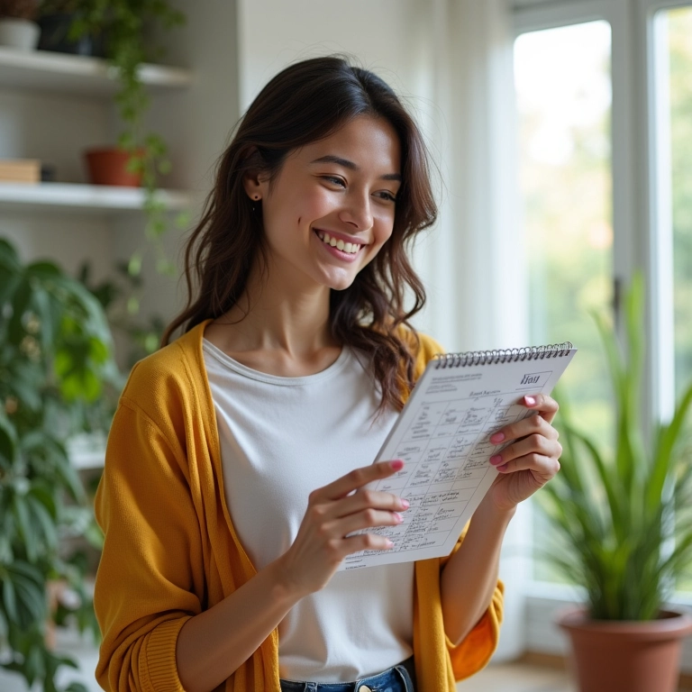 Estudante sorrindo e apontando para seu calendário de estudos.