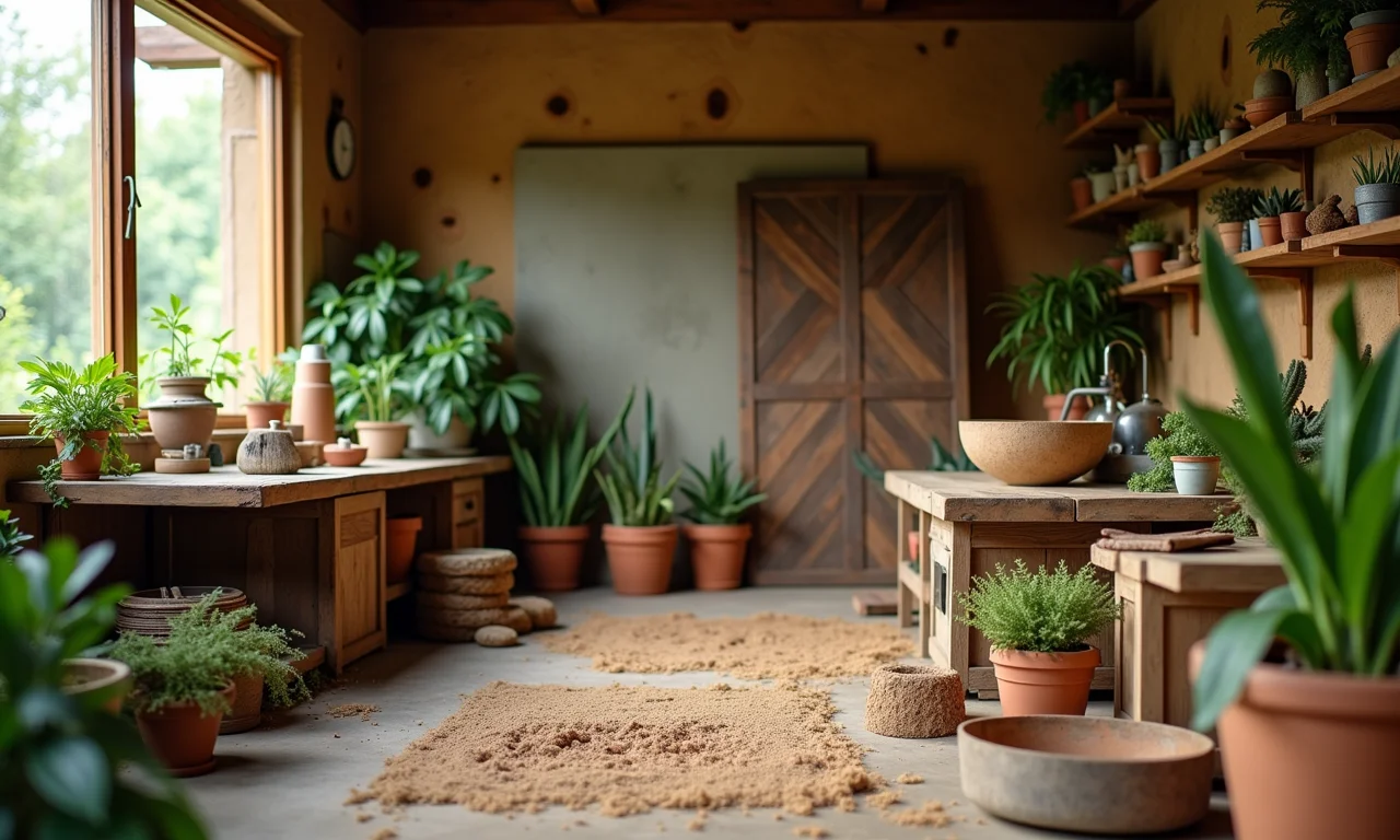 Estúdio de artesão com materiais reciclados.