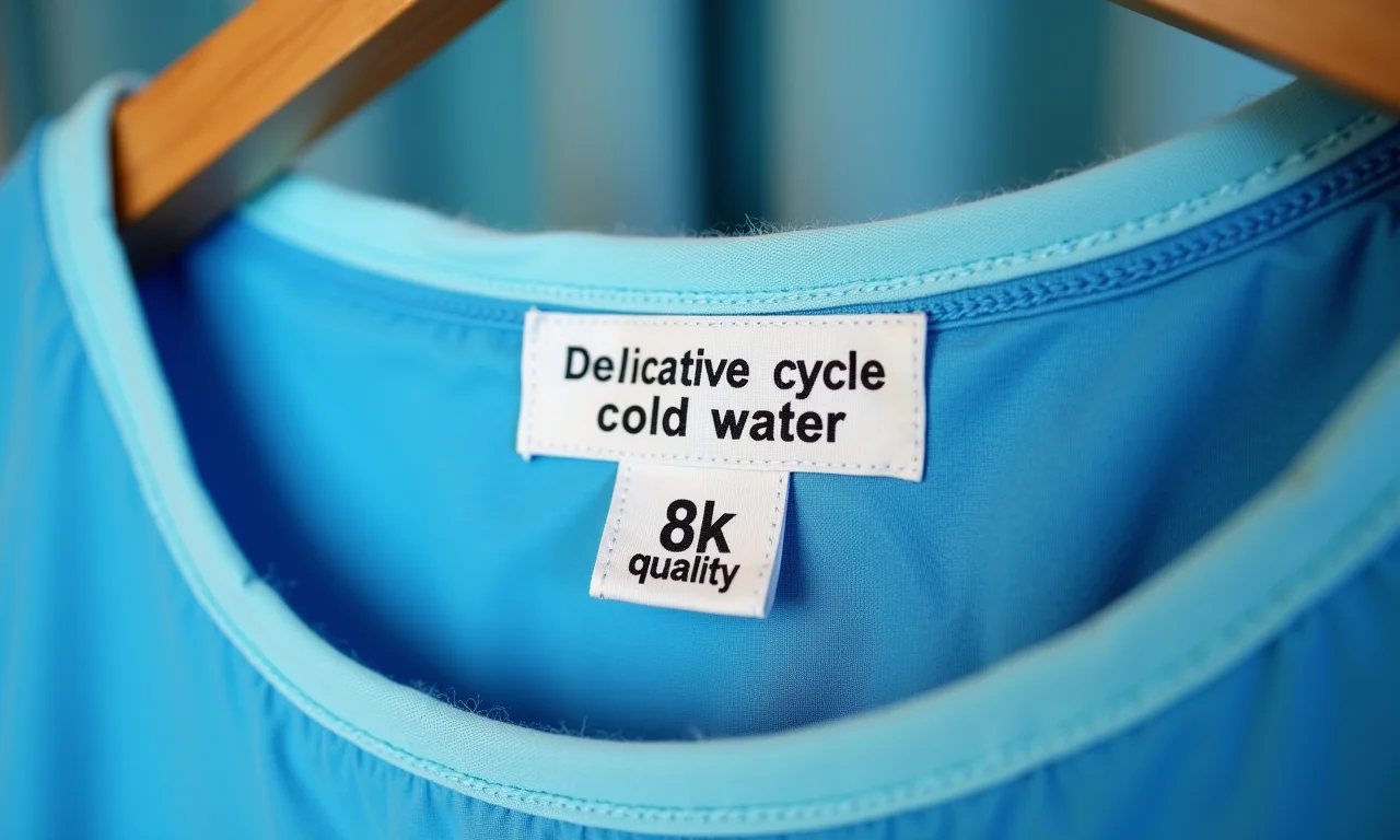 Etiqueta de cuidados de vestido azul da Frozen com instruções de lavagem.
