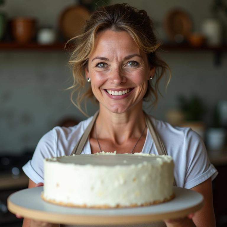 Expert segurando bolo branco perfeito.