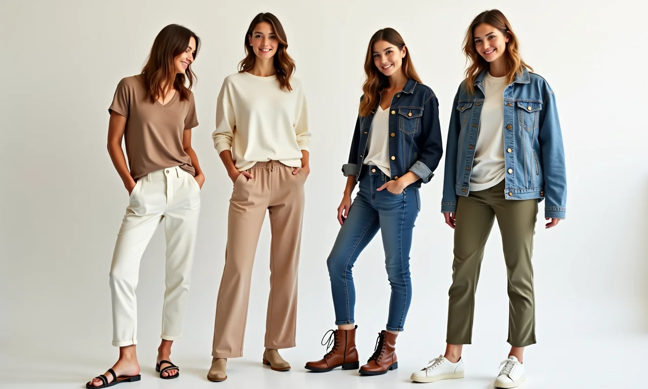 Exposição de básicos da Renner: tops neutros, calças versáteis, jaquetas jeans.