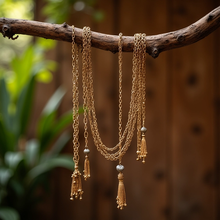 Expositor de colar feito com galho seco e colares.