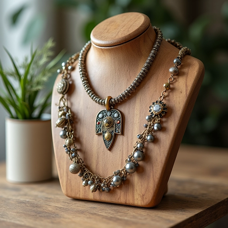 Expositor de colar feito com materiais reciclados.