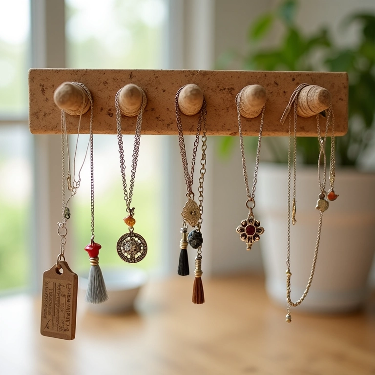 Expositor de colar feito com rolhas de cortiça.