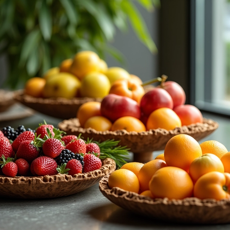 Expositor de frutas elegante com bandejas de diferentes alturas.