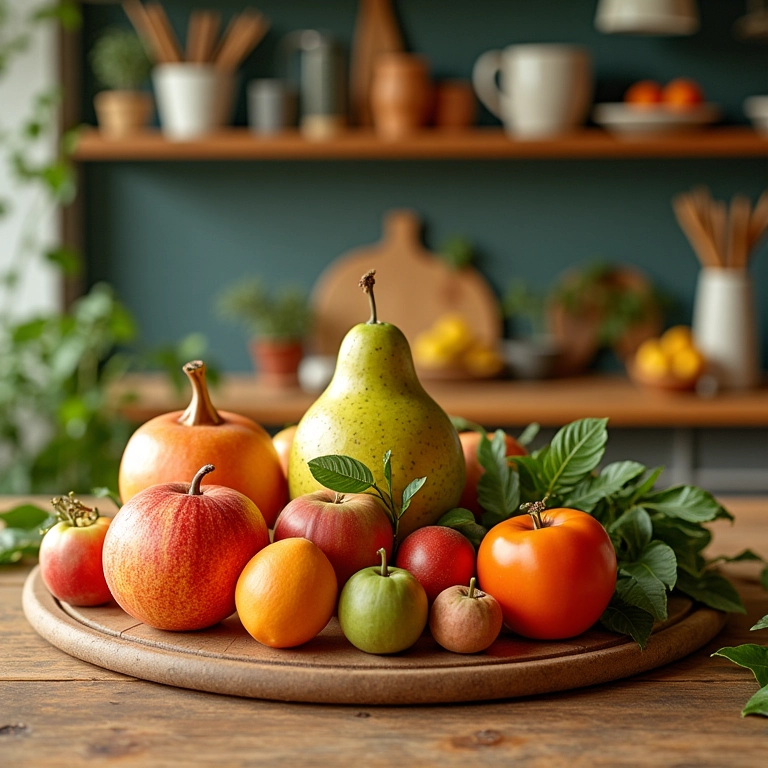 Expositor de frutas feito com materiais reciclados.