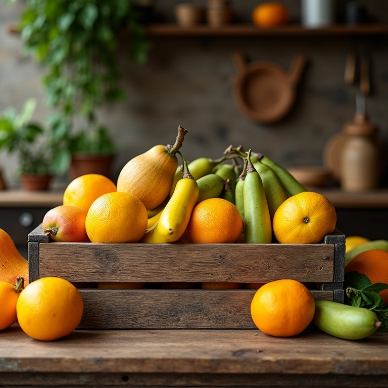 Expositor de frutas rústico feito com caixotes de feira.