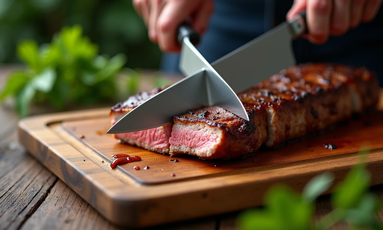 Faca de churrasco cortando um pedaço de carne cozida em uma tábua.