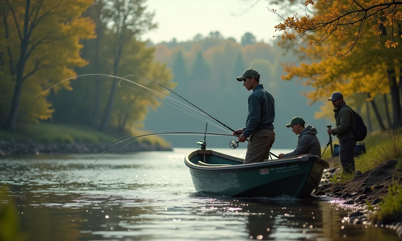 Fachada de escola de pesca com alunos aprendendo a arremessar.