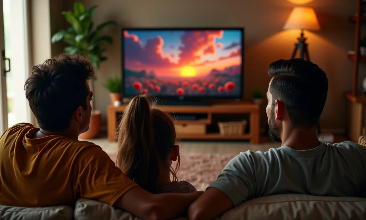 Família brasileira assistindo Netflix na TV da sala de estar.