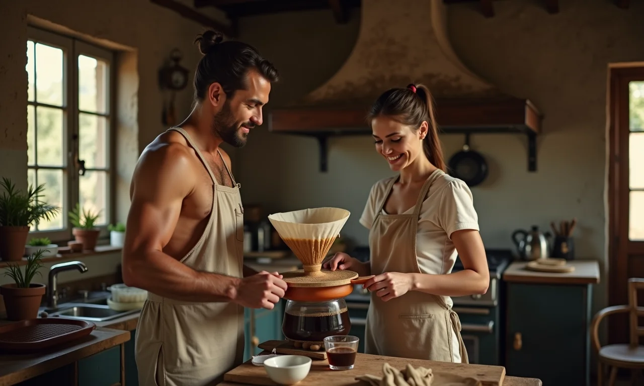 Família brasileira preparando café coado em cozinha rural antiga.