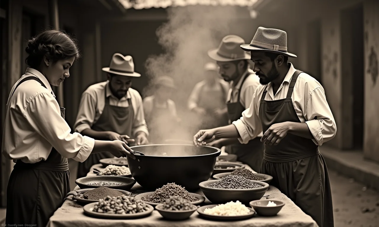 Família brasileira reunida em torno de uma panela de feijoada no século XIX.