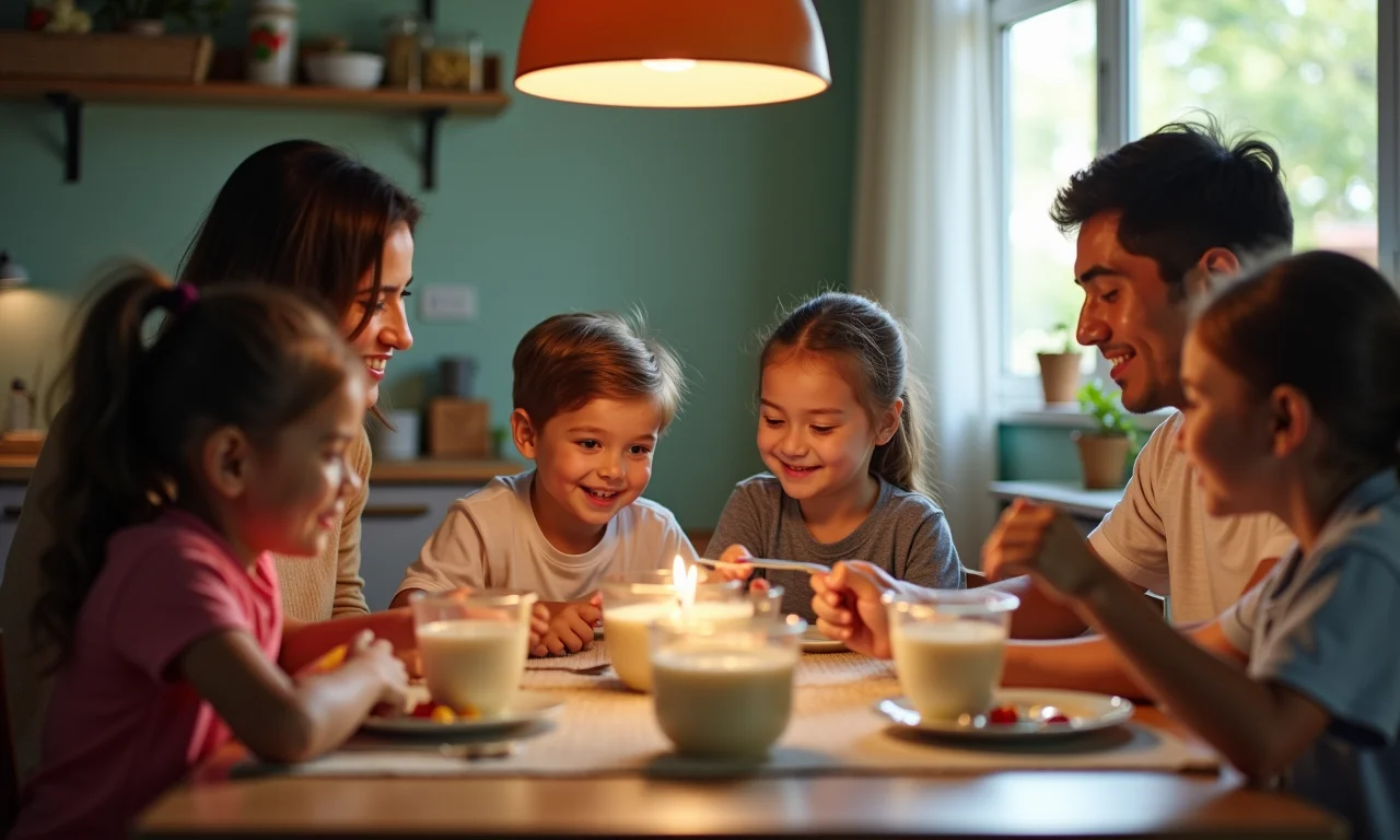 Família brasileira saboreando pudim de leite condensado em um momento especial.