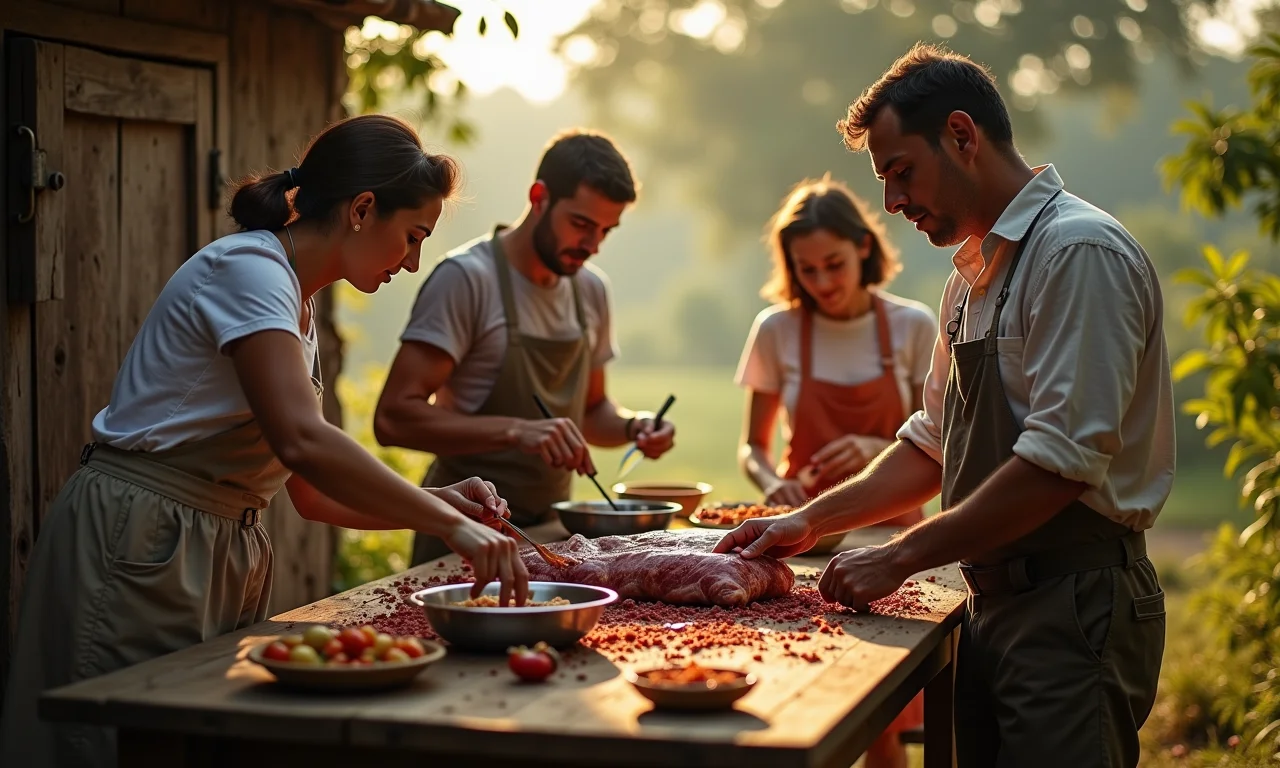 Família preparando escondidinho em fogão a lenha.