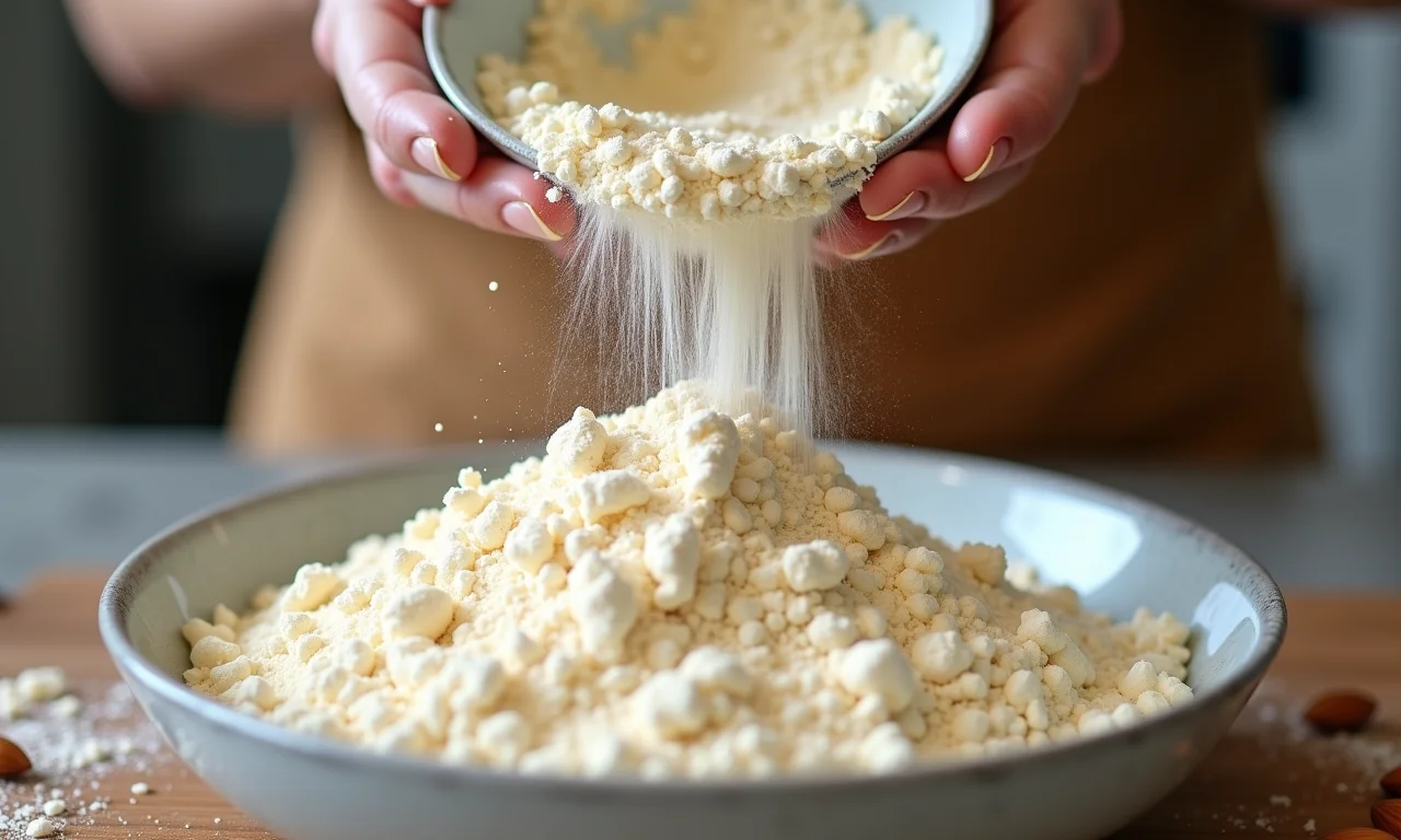 Farinha de amêndoas sendo despejada em uma tigela, destacando sua textura.