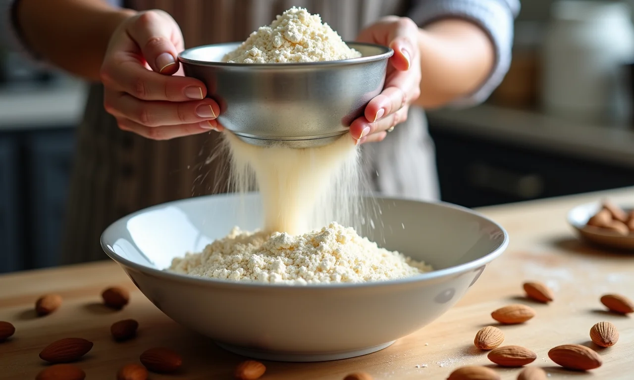 Farinha de amêndoas sendo peneirada para fazer um bolo visitandine.