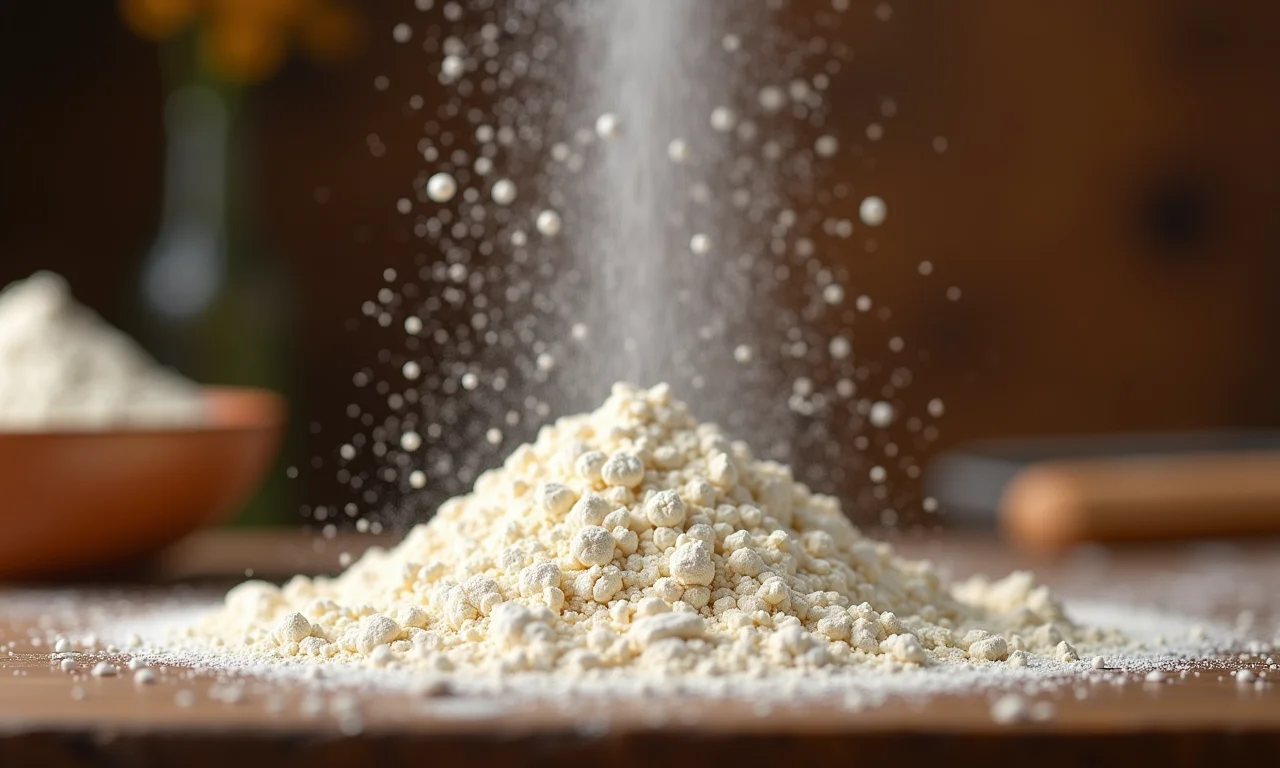 Farinha de trigo de alta qualidade caindo sobre superfície de madeira.