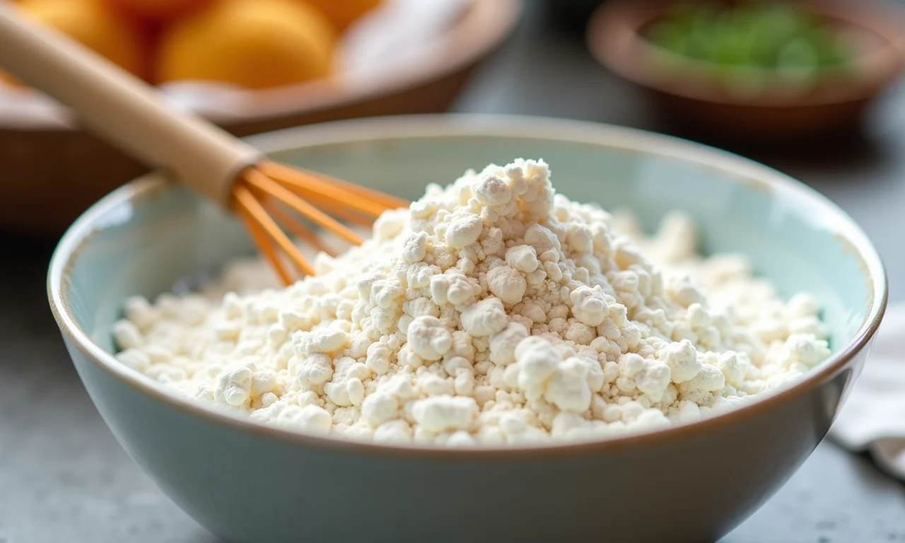 Farinha de trigo especial para tempura em uma tigela.