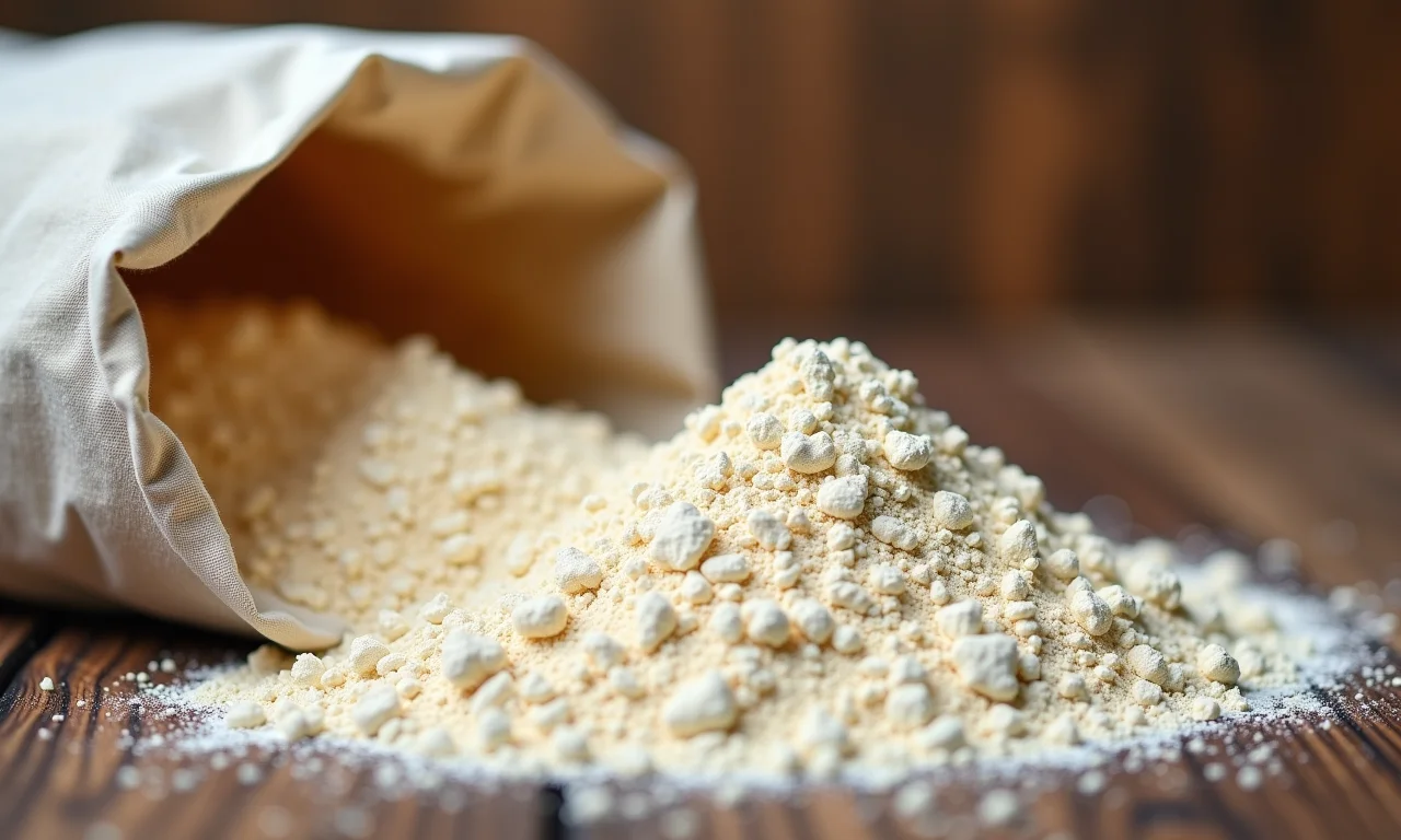 Farinha de trigo integral derramando sobre mesa rústica.