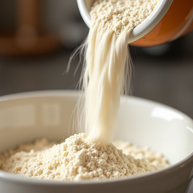 Farinha de trigo Orquídea sendo despejada em uma tigela, textura fina e leve.