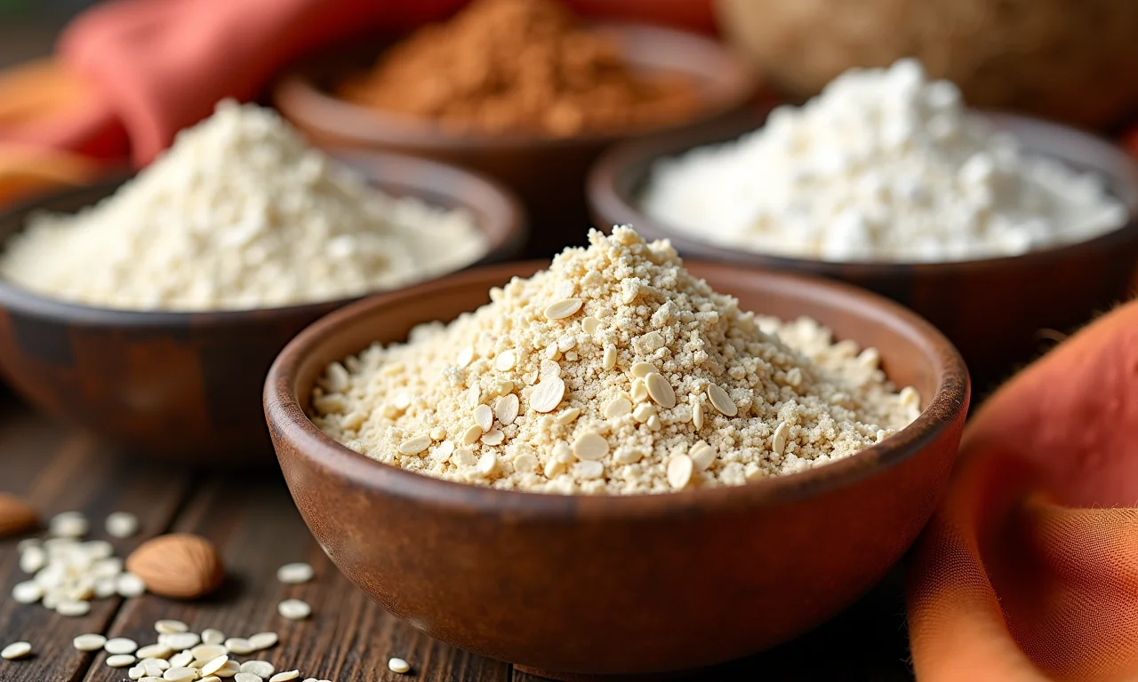 Farinhas integrais de aveia, amêndoas e coco em tigelas rústicas.