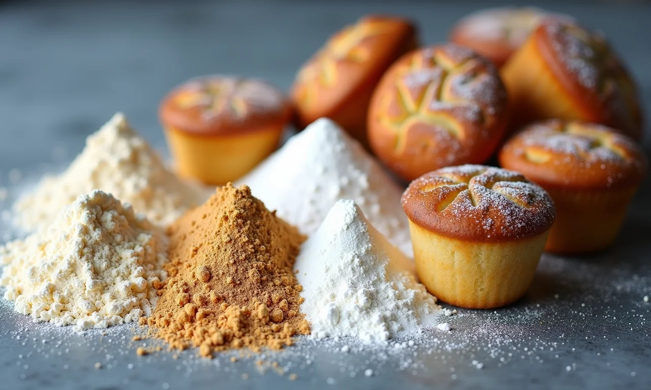 Farinhas sem glúten e farinha de amêndoas ao lado de financiers assados com diferentes farinhas.
