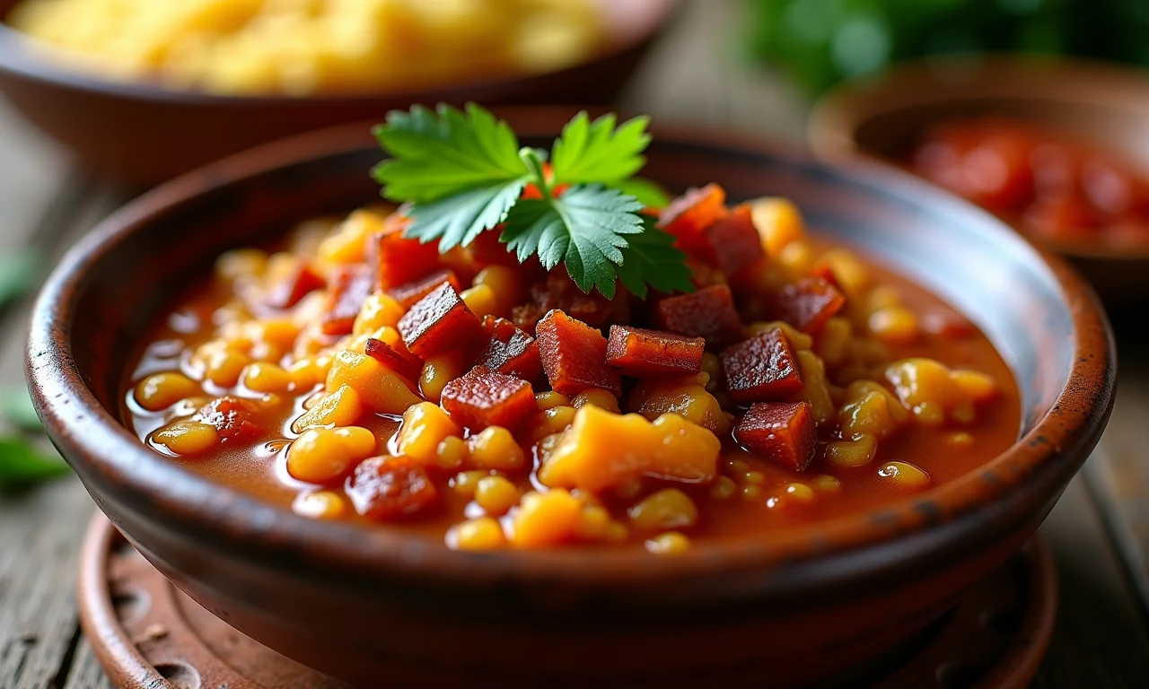 Farofa de pinhão com bacon em tigela de barro.