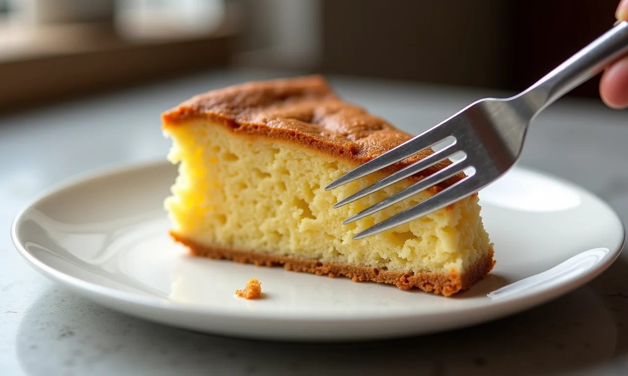 Fatia de bolo de curau sendo cortada com um garfo.