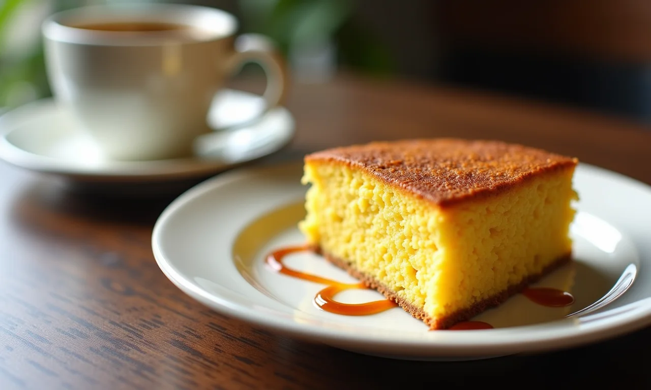 Fatia de bolo de fubá cremoso com café.