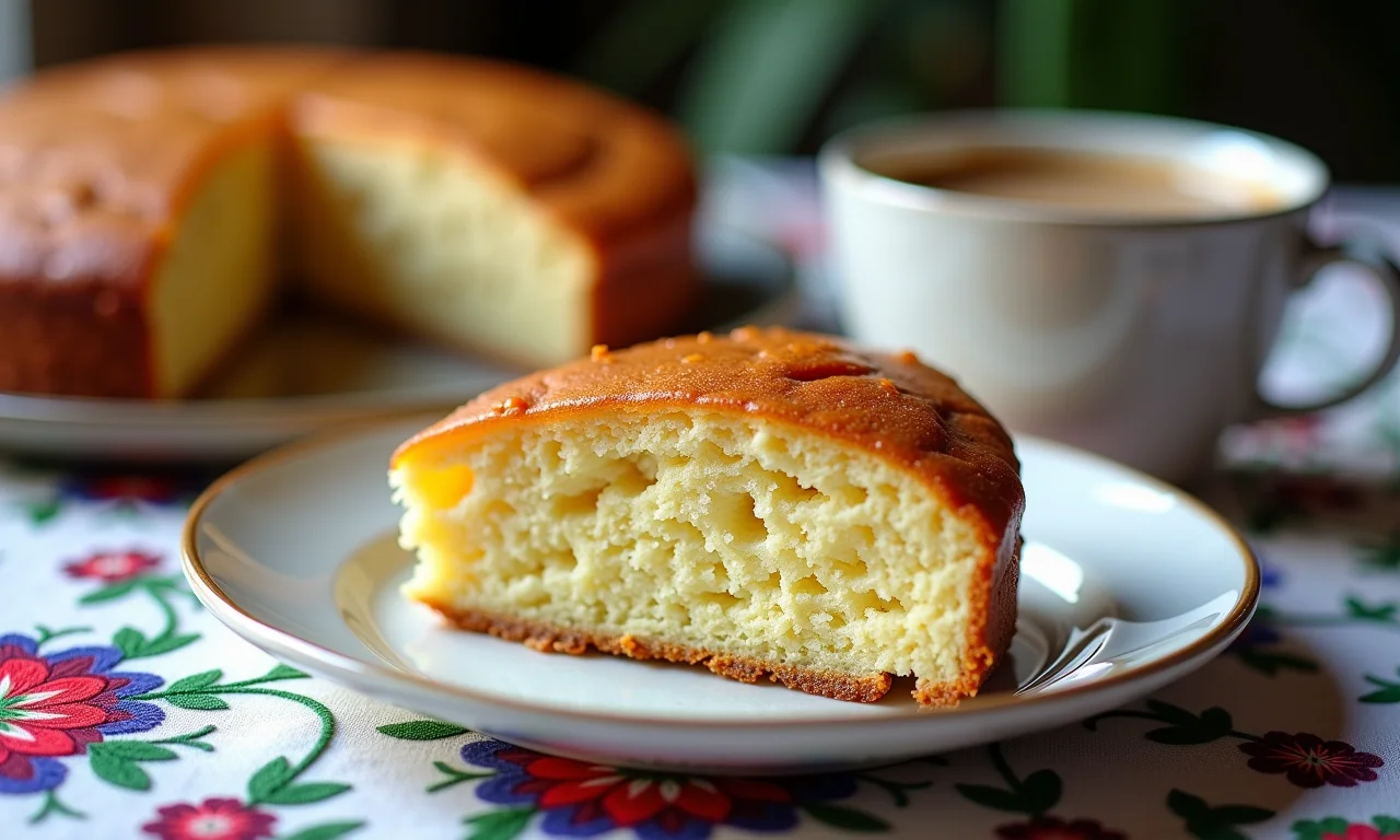 Fatia de bolo de juçara fofinho em um prato, com uma xícara de café ao lado.