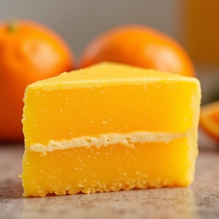 Fatia de bolo de laranja com textura macia e cor vibrante.